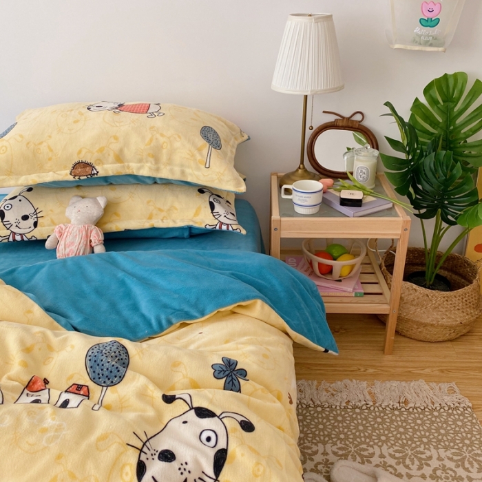 91家纺网 家纺一手货源 找家纺 星期八 2020新款秋冬加厚保暖牛奶绒四件套 皮皮狗