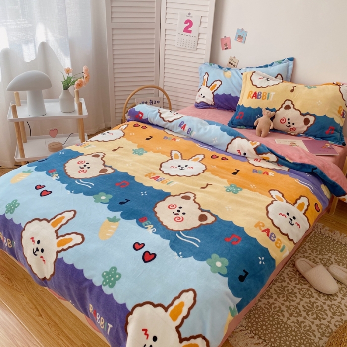 91家纺网 家纺一手货源 找家纺 星期八 2020新款秋冬加厚保暖牛奶绒四件套 兔子熊