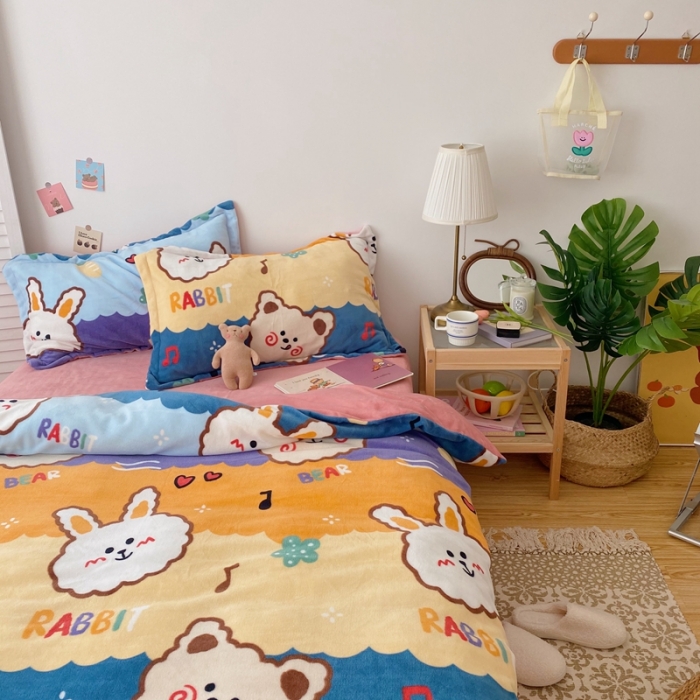 91家纺网 家纺一手货源 找家纺 星期八 2020新款秋冬加厚保暖牛奶绒四件套 兔子熊