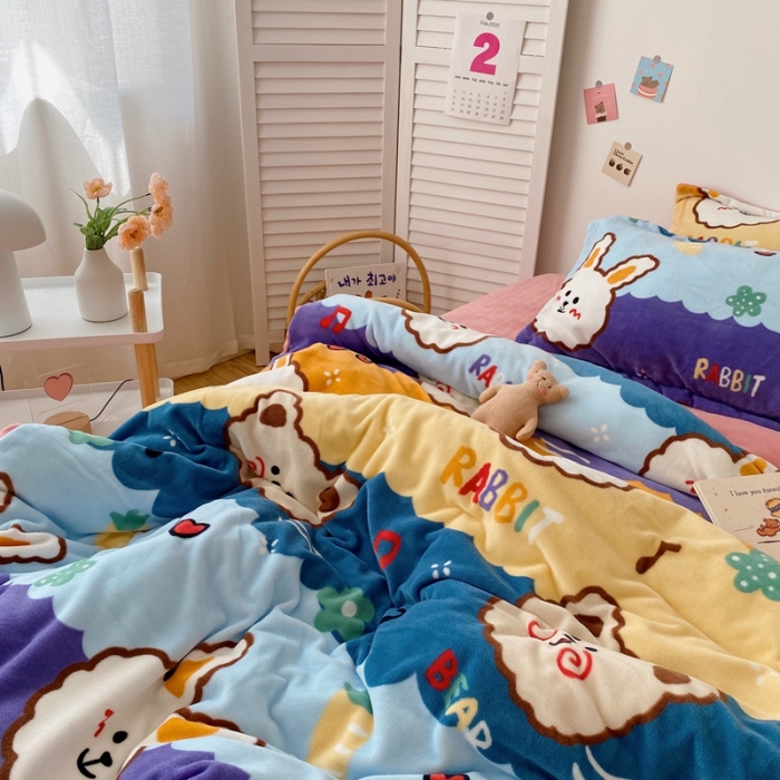 91家纺网 家纺一手货源 找家纺 星期八 2020新款秋冬加厚保暖牛奶绒四件套 兔子熊