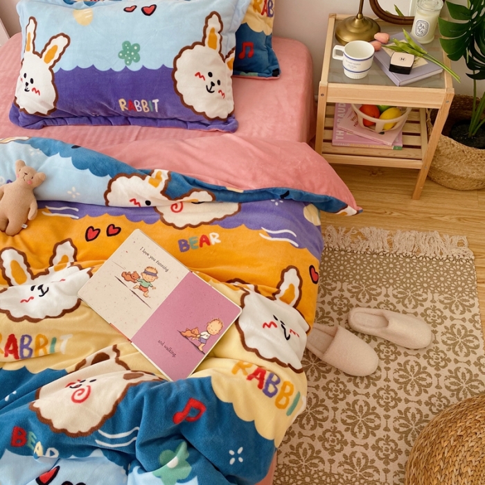 91家纺网 家纺一手货源 找家纺 星期八 2020新款秋冬加厚保暖牛奶绒四件套 兔子熊