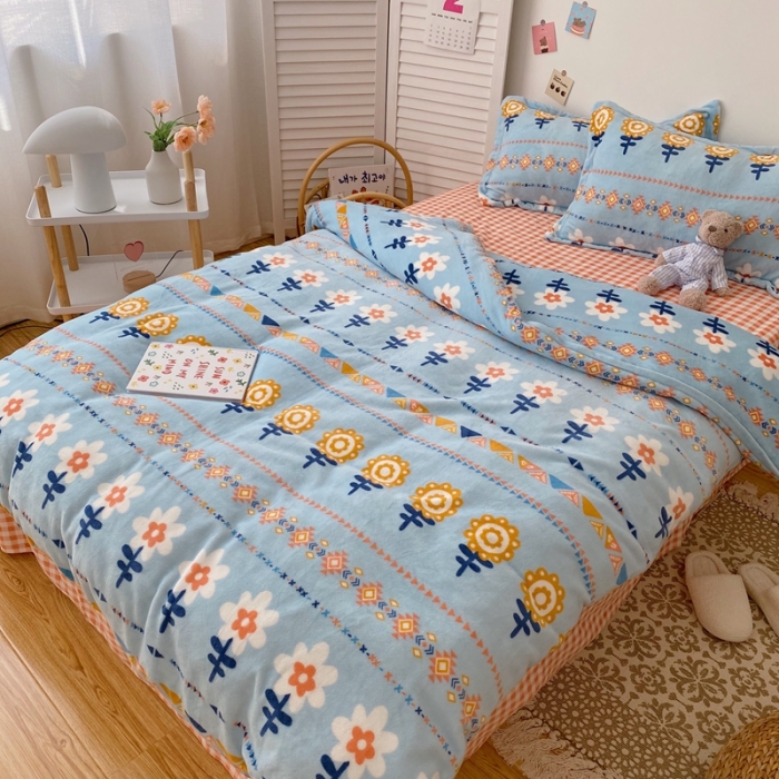 91家纺网 家纺一手货源 找家纺 星期八 2020新款秋冬加厚保暖牛奶绒四件套 向日小花