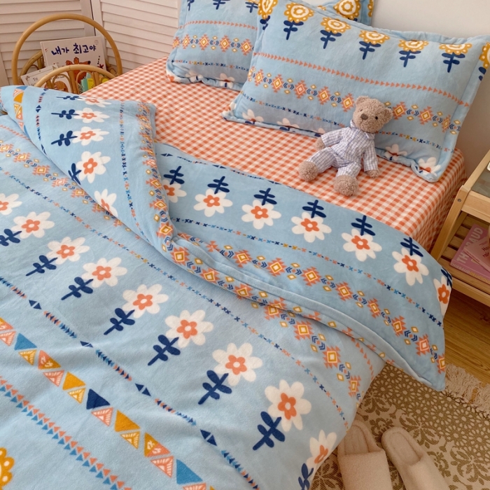 91家纺网 家纺一手货源 找家纺 星期八 2020新款秋冬加厚保暖牛奶绒四件套 向日小花