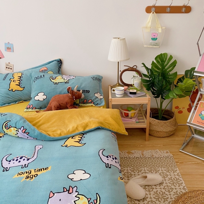 91家纺网 家纺一手货源 找家纺 星期八 2020新款秋冬加厚保暖牛奶绒四件套 小恐龙