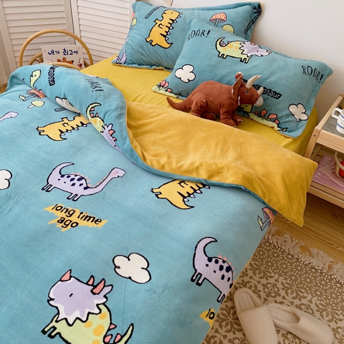 91家纺网 家纺一手货源 找家纺 星期八 2020新款秋冬加厚保暖牛奶绒四件套 小恐龙