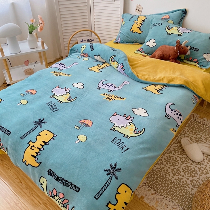 91家纺网 家纺一手货源 找家纺 星期八 2020新款秋冬加厚保暖牛奶绒四件套 小恐龙