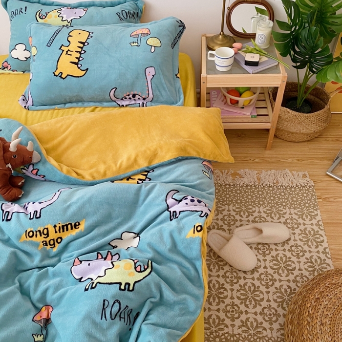 91家纺网 家纺一手货源 找家纺 星期八 2020新款秋冬加厚保暖牛奶绒四件套 小恐龙