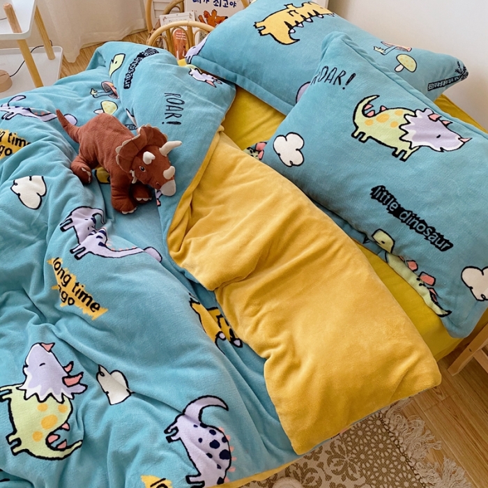 91家纺网 家纺一手货源 找家纺 星期八 2020新款秋冬加厚保暖牛奶绒四件套 小恐龙