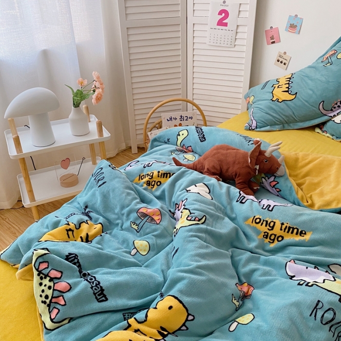 91家纺网 家纺一手货源 找家纺 星期八 2020新款秋冬加厚保暖牛奶绒四件套 小恐龙