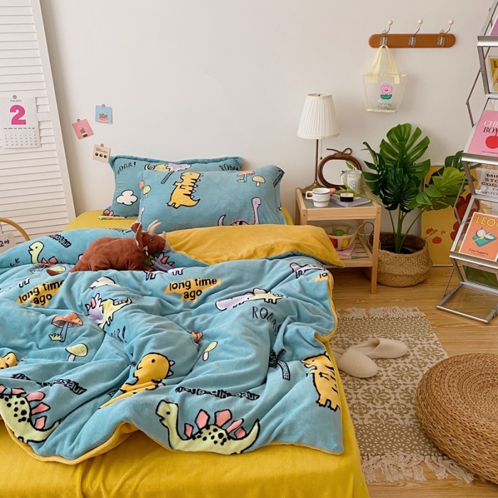 91家纺网 家纺一手货源 找家纺 星期八 2020新款秋冬加厚保暖牛奶绒四件套 小恐龙