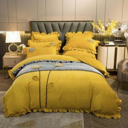 91家纺网 家纺一手货源 找家纺 兴美佳 新款贵妃绒手工盘花四件套 花颜-橙黄