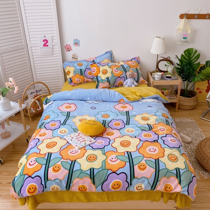 91家纺网 家纺一手货源 找家纺 星期八 2020新款秋冬加厚保暖牛奶绒四件套 笑脸花