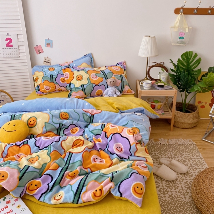 91家纺网 家纺一手货源 找家纺 星期八 2020新款秋冬加厚保暖牛奶绒四件套 笑脸花