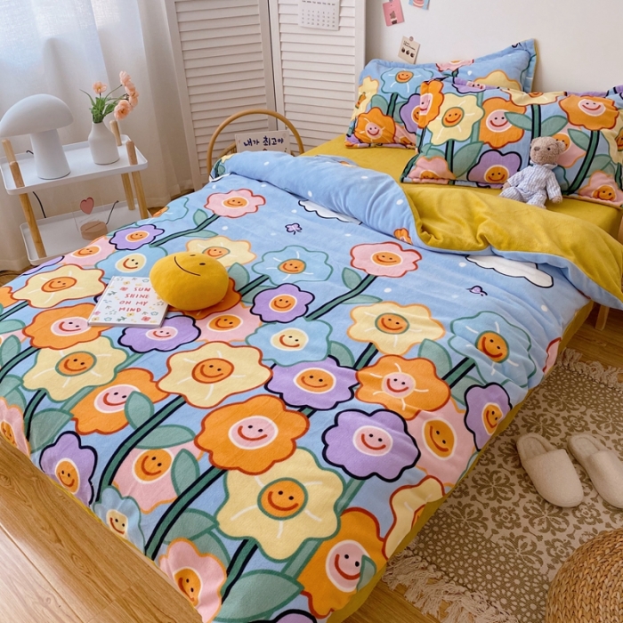 91家纺网 家纺一手货源 找家纺 星期八 2020新款秋冬加厚保暖牛奶绒四件套 笑脸花