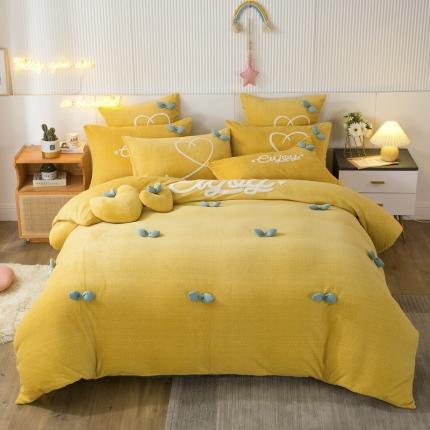 91家纺网 家纺一手货源 找家纺 兴美佳新款日式简约小清新提花牛奶绒四件套唯爱-嫩黄色