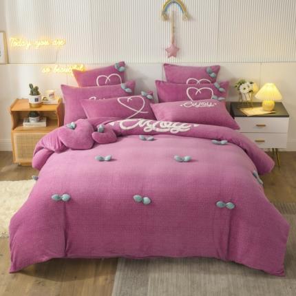 91家纺网 家纺一手货源 找家纺 兴美佳新款日式简约小清新提花牛奶绒四件套唯爱-胭脂粉