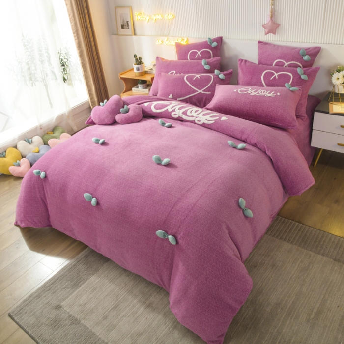 91家纺网 家纺一手货源 找家纺 兴美佳新款日式简约小清新提花牛奶绒四件套唯爱-胭脂粉