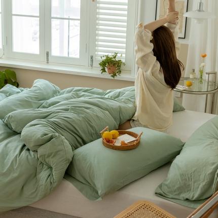 91家纺网 家纺一手货源 找家纺 华超针织 2021新款针织纯色混搭四件套豆绿配白色