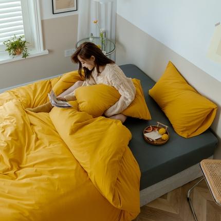 91家纺网 家纺一手货源 找家纺 华超针织 2021新款针织纯色混搭四件套姜黄配深灰