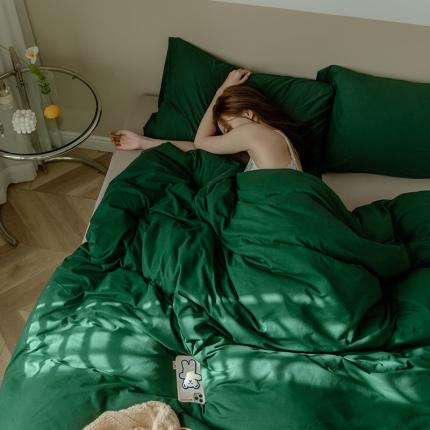 91家纺网 家纺一手货源 找家纺 华超针织 2021新款针织纯色混搭四件套墨绿配杏色