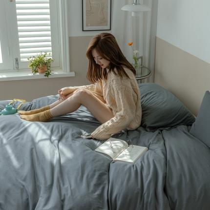 91家纺网 家纺一手货源 找家纺 华超针织 2021新款针织纯色混搭四件套深灰配杏色