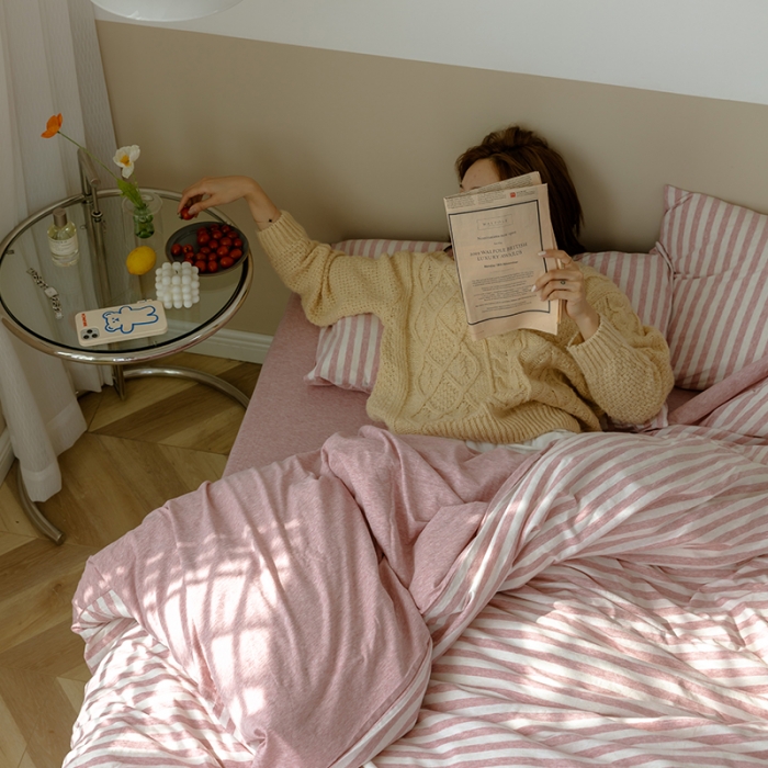 91家纺网 家纺一手货源 找家纺 华超针织 2021新款针织条纹四件套 红米中条