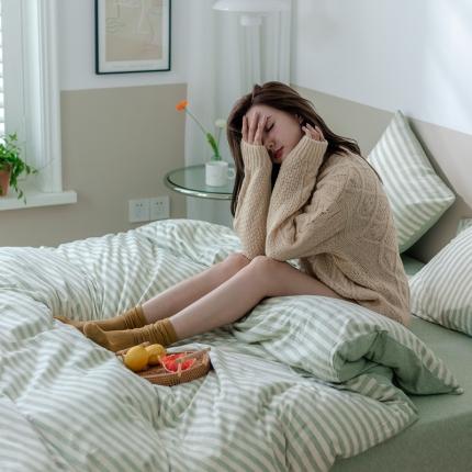 91家纺网 家纺一手货源 找家纺 华超针织 2021新款针织条纹四件套 绿米中条