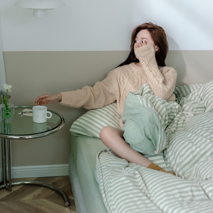 91家纺网 家纺一手货源 找家纺 华超针织 2021新款针织条纹四件套 绿米中条