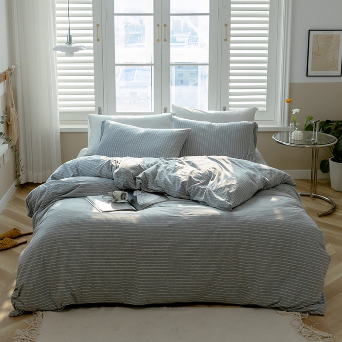 91家纺网 家纺一手货源 找家纺 华超针织 2021新款针织条纹四件套 麻灰细条