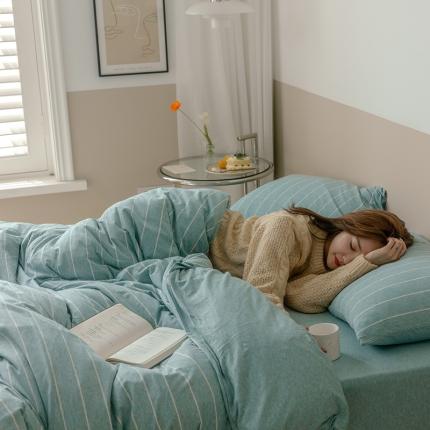 91家纺网 家纺一手货源 找家纺 华超针织 2021新款针织条纹四件套 水蓝宽条