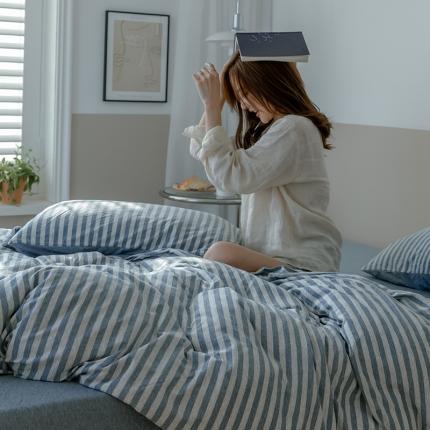 91家纺网 家纺一手货源 找家纺 华超针织 2021新款针织条纹四件套 烟蓝中条