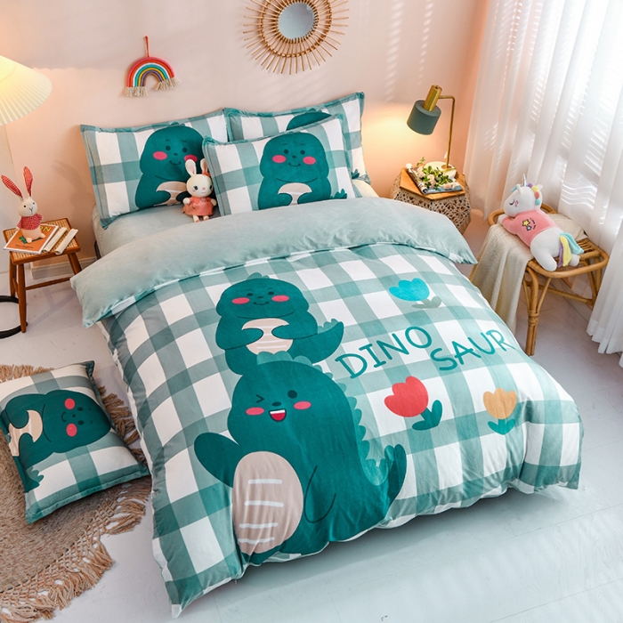 91家纺网 家纺一手货源 找家纺 卡初 2020新款秋冬大版宝宝绒牛奶绒四件套玩耍恐龙