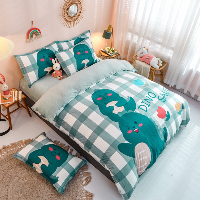 91家纺网 家纺一手货源 找家纺 卡初 2020新款秋冬大版宝宝绒牛奶绒四件套玩耍恐龙