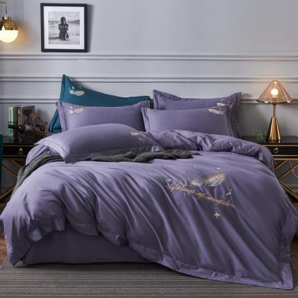 91家纺网 家纺一手货源 找家纺 衿成正宗13372全棉喷气织造宽边羽毛绣花被套四件套帝王紫