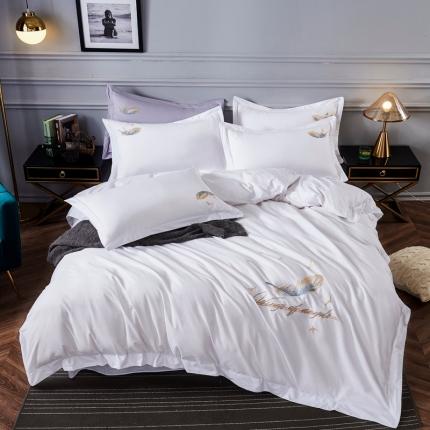 91家纺网 家纺一手货源 找家纺 衿成正宗13372全棉喷气织造宽边羽毛绣花被套四件套典雅白