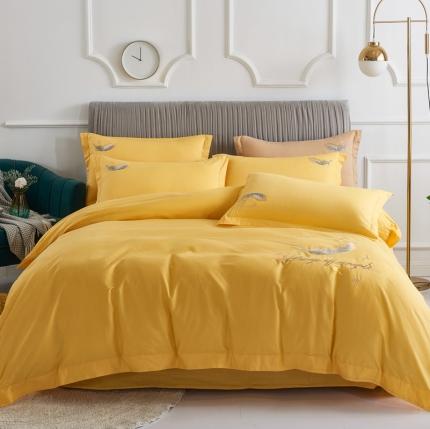 91家纺网 家纺一手货源 找家纺 衿成正宗13372全棉喷气织造宽边羽毛绣花被套四件套金秋黄