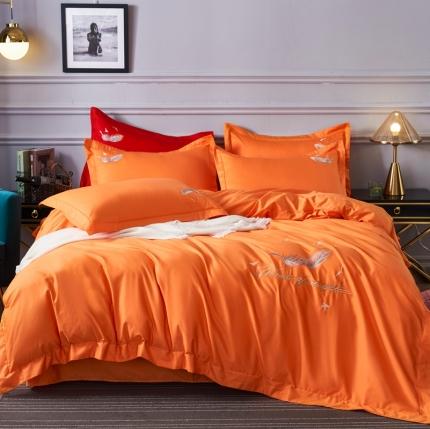 91家纺网 家纺一手货源 找家纺 衿成正宗13372全棉喷气织造宽边羽毛绣花被套四件套 橘红