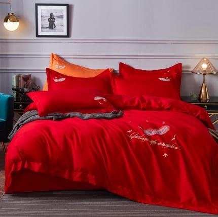 91家纺网 家纺一手货源 找家纺 衿成家纺 全棉13372喷气织造宽边羽毛绣花被套四件套紫嫣红