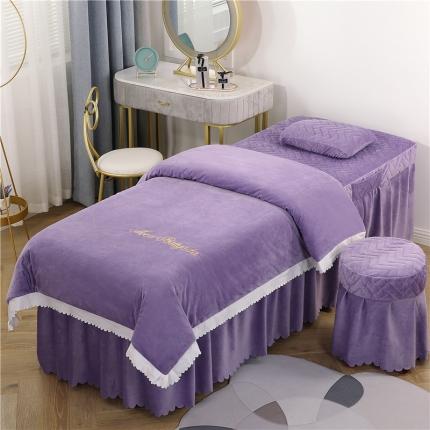 依靠家纺 2020新款水晶绒字母花边美容床罩四件套 紫色