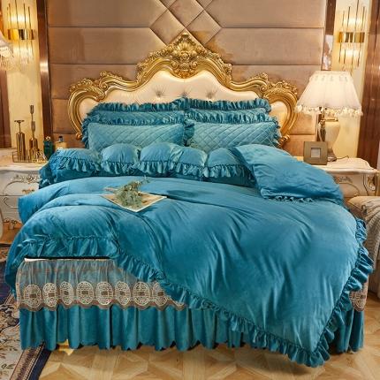 91家纺网 家纺一手货源 找家纺 情恒2025新款夹棉水晶绒可拆卸床裙四件套金碧辉煌系列宝石蓝