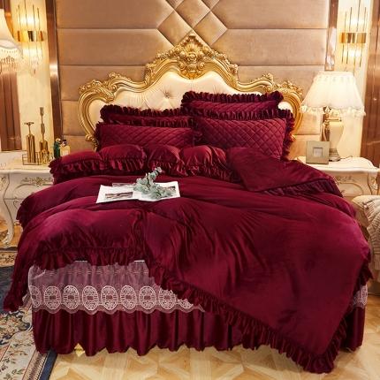 91家纺网 家纺一手货源 找家纺 情恒2025新款夹棉水晶绒可拆卸床裙四件套金碧辉煌系列玫瑰红