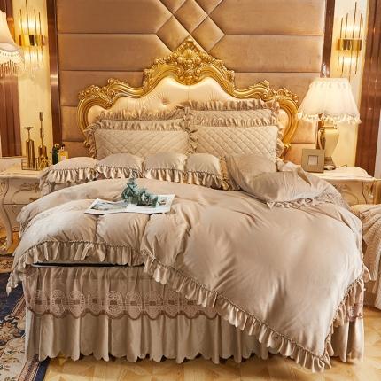 91家纺网 家纺一手货源 找家纺 情恒2025新款夹棉水晶绒可拆卸床裙四件套金碧辉煌系列浅咖色