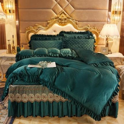 91家纺网 家纺一手货源 找家纺 情恒2025新款夹棉水晶绒可拆卸床裙四件套金碧辉煌系列松柏绿