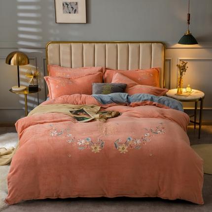 91家纺网 家纺一手货源 找家纺 金米诺 2020新款绣花牛奶绒四件套法莱绒水晶绒金貂绒刺绣四件套 桔色