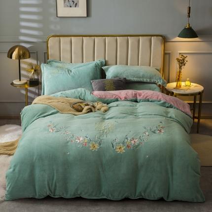 91家纺网 家纺一手货源 找家纺 金米诺 2020新款绣花牛奶绒四件套法莱绒水晶绒金貂绒刺绣四件套 绿色