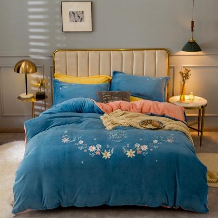 91家纺网 家纺一手货源 找家纺 金米诺 2020新款绣花牛奶绒四件套法莱绒水晶绒金貂绒刺绣四件套 深蓝