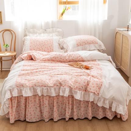 91家纺网 家纺一手货源 找家纺 婳庭 2020新款小碎花蕾丝边水洗棉印花四件套 小桃子