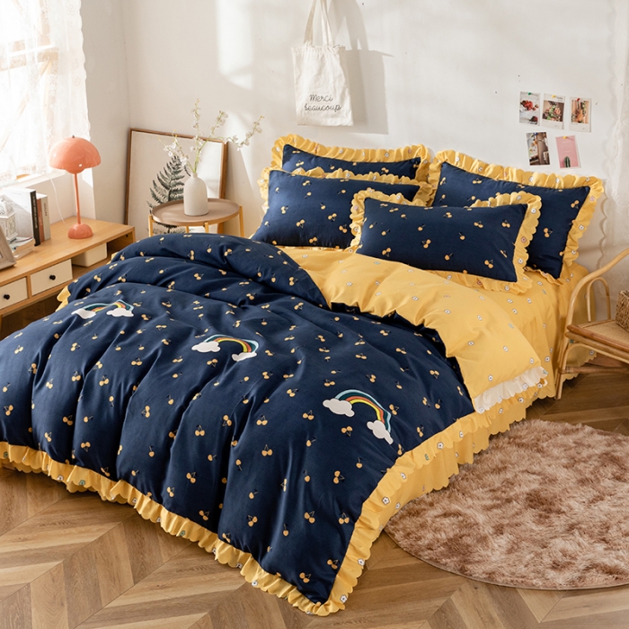 91家纺网 家纺一手货源 找家纺 纽缦 2020新款加厚磨毛床裙款四件套 彩虹小镇