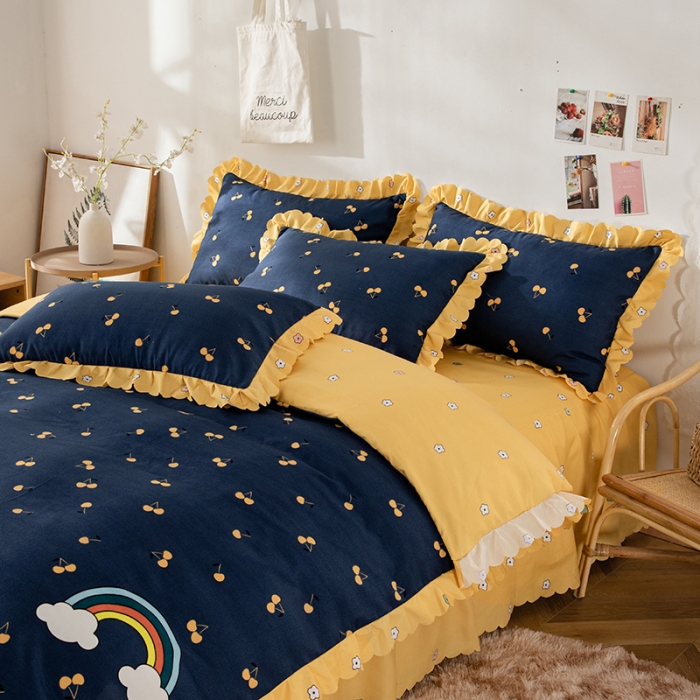 91家纺网 家纺一手货源 找家纺 纽缦 2020新款加厚磨毛床裙款四件套 彩虹小镇