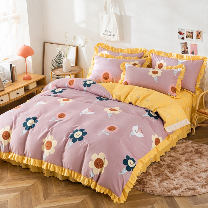 91家纺网 家纺一手货源 找家纺 纽缦 2020新款加厚磨毛床裙款四件套 楚楚花颜豆沙